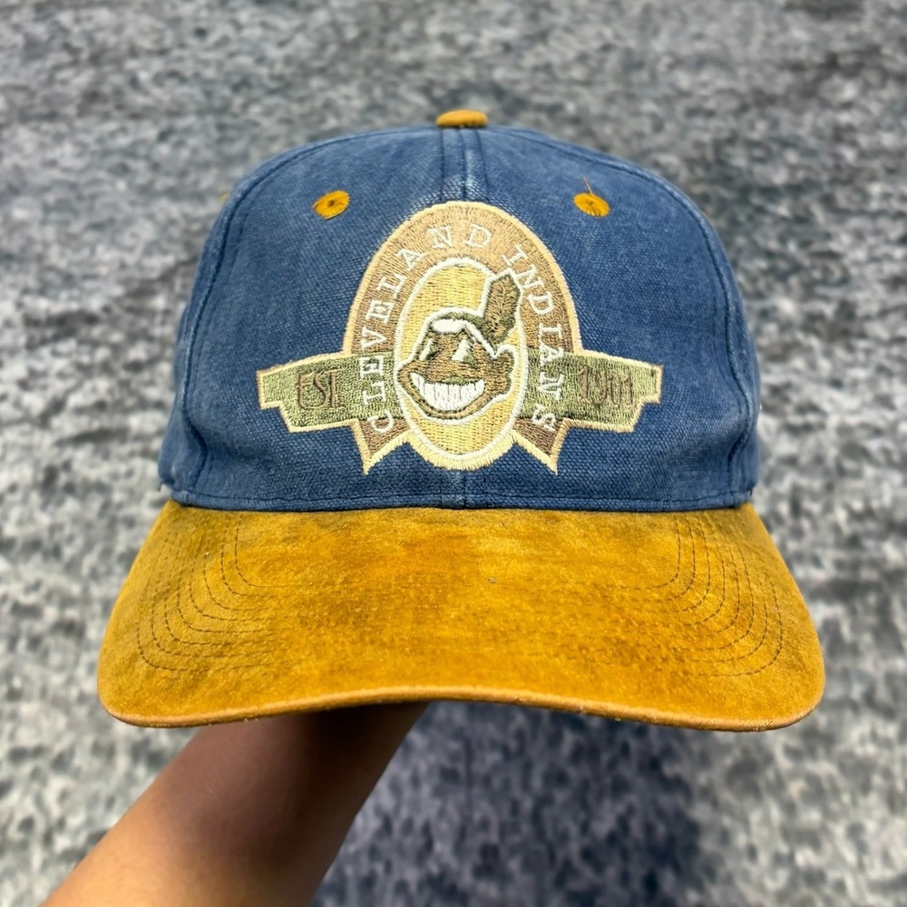 VTG Cleveland Indians Drew Pearson Hat Snapback MLB Blue Leather Brim 90s